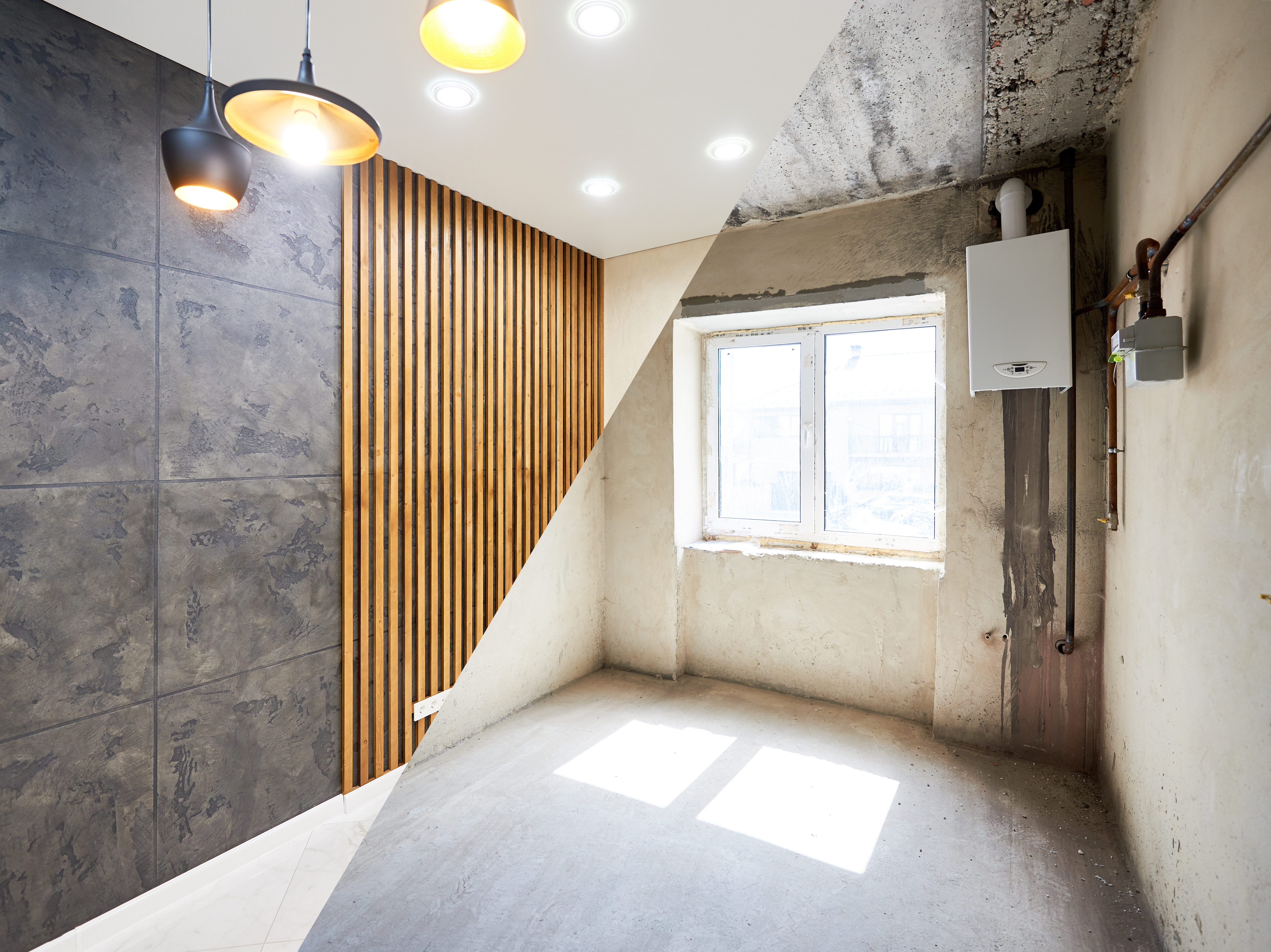 Room in apartment before and after renovation works